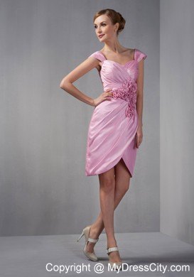 Rose Pink Cap Sleeves Knee-length Hand Made Flowers Nightclub Dress