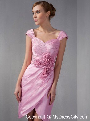 Rose Pink Cap Sleeves Knee-length Hand Made Flowers Nightclub Dress