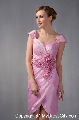 Rose Pink Cap Sleeves Knee-length Hand Made Flowers Nightclub Dress