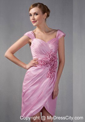 Rose Pink Cap Sleeves Knee-length Hand Made Flowers Nightclub Dress