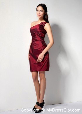 Simple Burgundy Column Hand Made Flower One Shoulder Club Dress