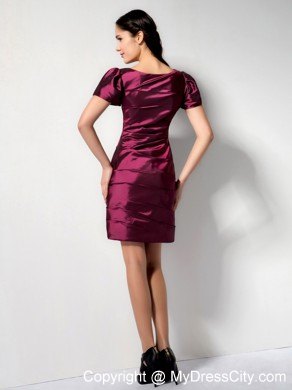 Burgundy V-neck Mini-length Nightclub Dress with Short Sleeves