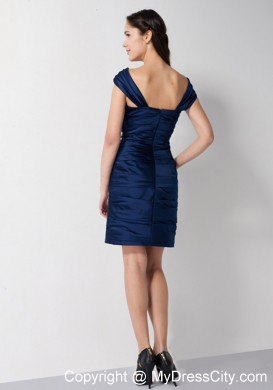 Navy Blue Column Asymmetrical Neckline Ruched Sort Nightclub Dress