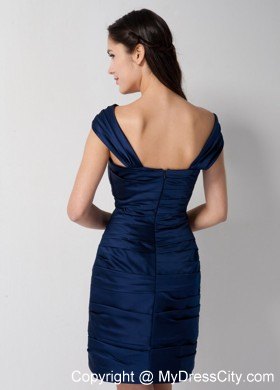 Navy Blue Column Asymmetrical Neckline Ruched Sort Nightclub Dress