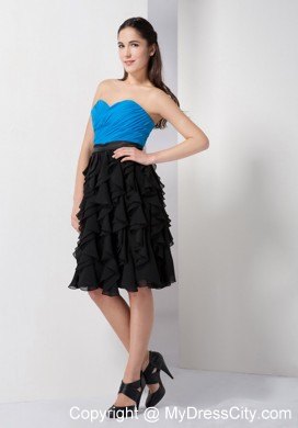 Sky Blue and Black A-line Knee-length Ruffled Dress for Nightclub