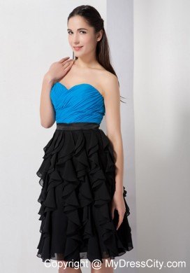 Sky Blue and Black A-line Knee-length Ruffled Dress for Nightclub