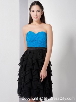 Sky Blue and Black A-line Knee-length Ruffled Dress for Nightclub