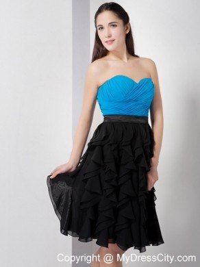 Sky Blue and Black A-line Knee-length Ruffled Dress for Nightclub