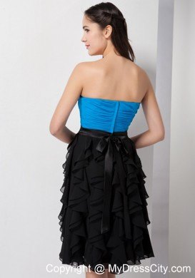 Sky Blue and Black A-line Knee-length Ruffled Dress for Nightclub