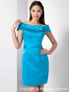 Teal Column Off The Shoulder Mini-length Satin Dress for Nightclub