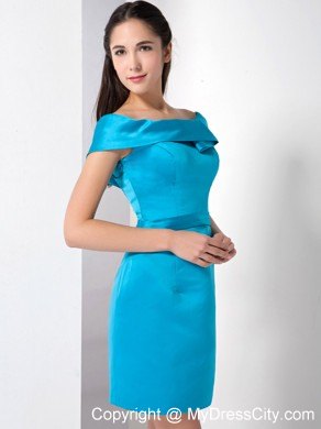 Teal Column Off The Shoulder Mini-length Satin Dress for Nightclub