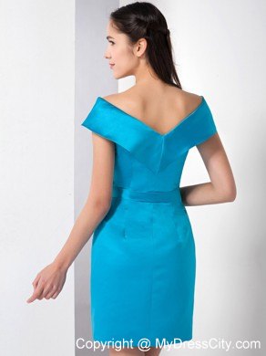 Teal Column Off The Shoulder Mini-length Satin Dress for Nightclub