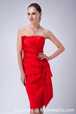 2013 Satin Ruched Knee-length Red Sheath Strapless Nightclub Dress