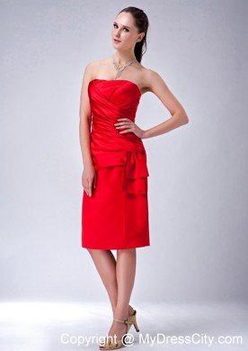 2013 Satin Ruched Knee-length Red Sheath Strapless Nightclub Dress