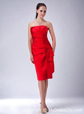 2013 Satin Ruched Knee-length Red Sheath Strapless Nightclub Dress