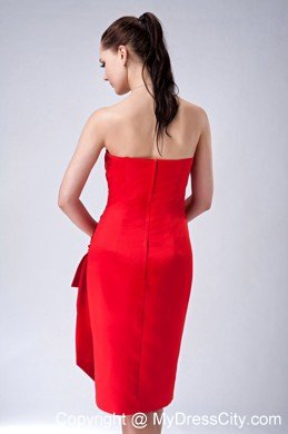 2013 Satin Ruched Knee-length Red Sheath Strapless Nightclub Dress