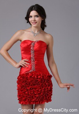 Ruched Red Mini Nightclub Dress With Ruffles and Beading