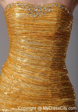 Mini Gold Strapless Ruched Club Wear With Beading and Sequins