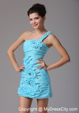 Short Asymmetrical Aqua Blue Club Wear with Hand-made Flower