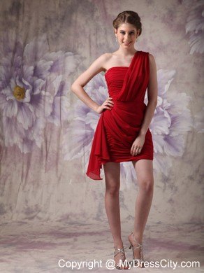 Mini Red Asymmetrical Nightclub Dress with Rushes And Beading