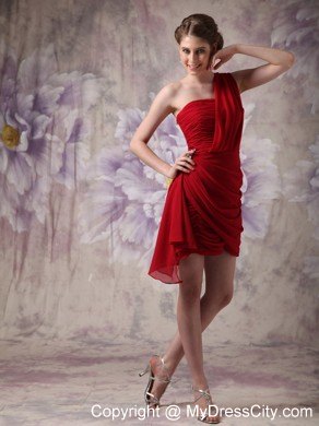 Mini Red Asymmetrical Nightclub Dress with Rushes And Beading