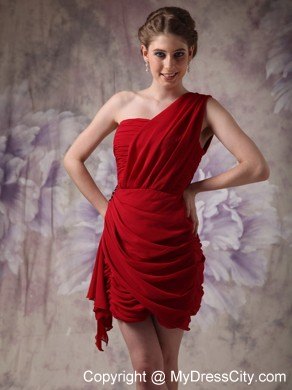 Mini Red Asymmetrical Nightclub Dress with Rushes And Beading