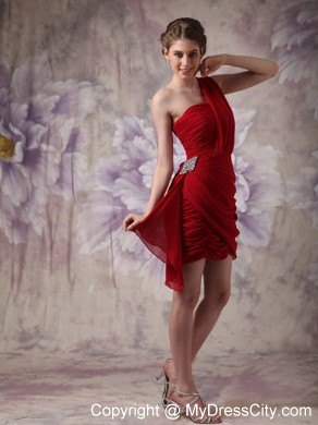 Mini Red Asymmetrical Nightclub Dress with Rushes And Beading