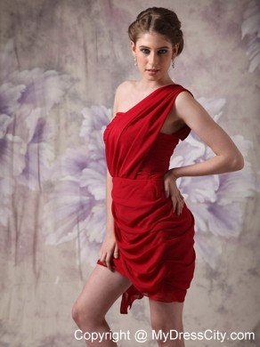 Mini Red Asymmetrical Nightclub Dress with Rushes And Beading