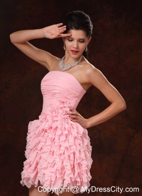 Pink Strapless Mini Clubwear with Ruffles and Hand Made Flowers