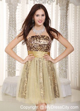 Knee-length Champagne and Leopard A-line Tulle Nightclub Dress