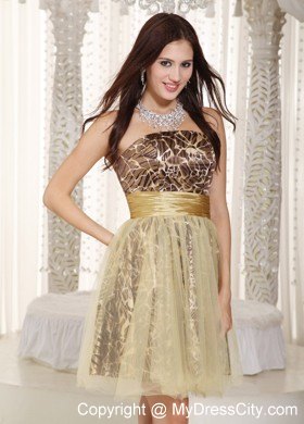 Knee-length Champagne and Leopard A-line Tulle Nightclub Dress