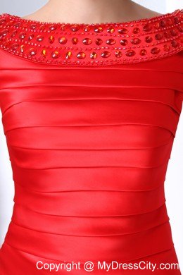 Mini-length Red Beaded Bateau Taffeta Clubwear with Pleats