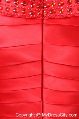 Mini-length Red Beaded Bateau Taffeta Clubwear with Pleats