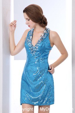 Baby Blue Column V-Neck Nightclub Dress with Sequins