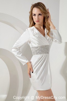 Short White Beaded V-neck Nightclub Dress with Long Sleeves