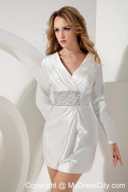 Short White Beaded V-neck Nightclub Dress with Long Sleeves