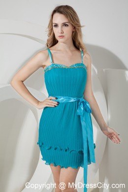 Teal Spaghetti Straps Beading and Bow Short Nightclub Dress