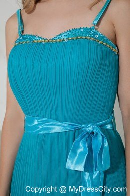 Teal Spaghetti Straps Beading and Bow Short Nightclub Dress