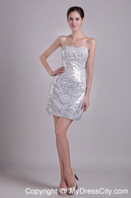 Silver Column Strapless Short Sequined Dress for Nightclub