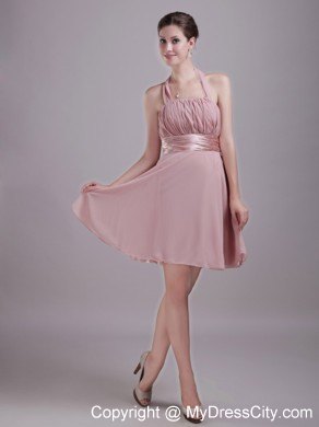 Pink A-Line Halter Mini-length Chiffon Ruched Nightclub Dress