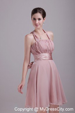 Pink A-Line Halter Mini-length Chiffon Ruched Nightclub Dress