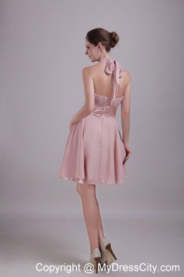 Pink A-Line Halter Mini-length Chiffon Ruched Nightclub Dress