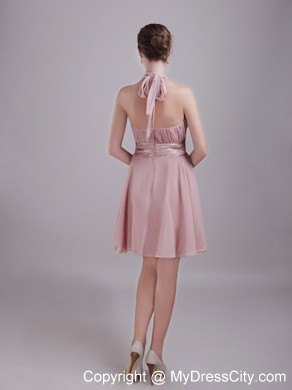 Pink A-Line Halter Mini-length Chiffon Ruched Nightclub Dress