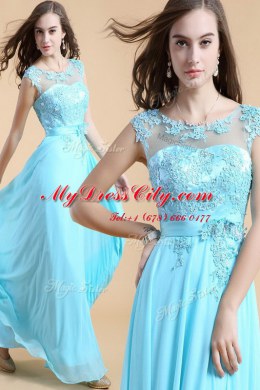 Smart Scoop Aqua Blue Sleeveless Appliques Floor Length Dress for Prom