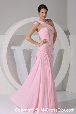 One Shoulder Pink Chiffon Floor-length Beauty Pageant Dresses