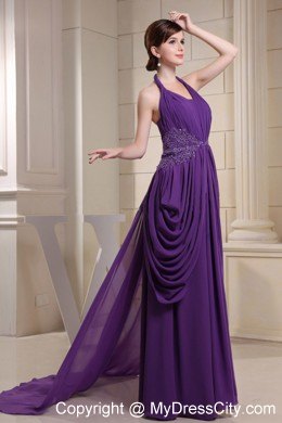 Purple Halter Glitz Pageant Dress With Ruching and Appliques