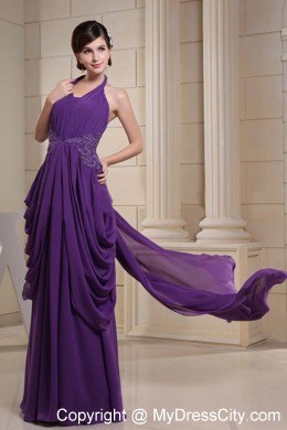 Purple Halter Glitz Pageant Dress With Ruching and Appliques