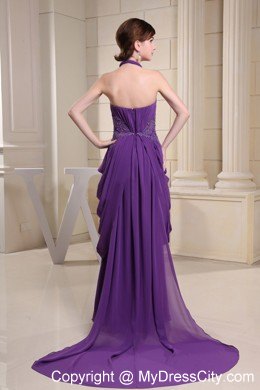 Purple Halter Glitz Pageant Dress With Ruching and Appliques