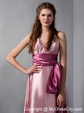 Customized Pink Column V-neck pageant girl dress with Sash