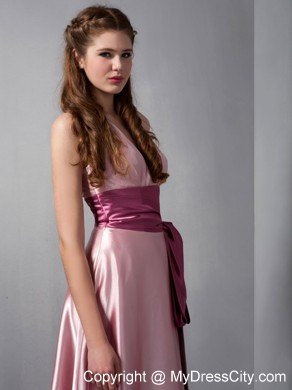 Customized Pink Column V-neck pageant girl dress with Sash